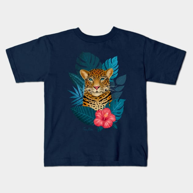 Tropical Jungle Leopard | Blue Kids T-Shirt by Tracey Khalei